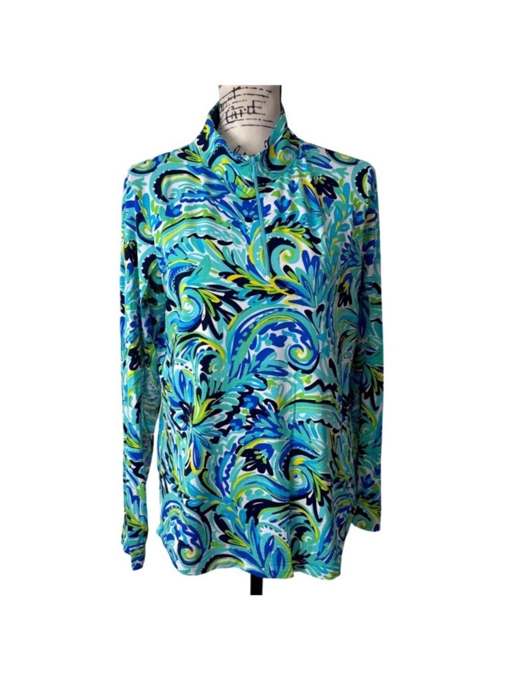IBKUL Women Size L Top 1/4 Zip Long Sleeve Sun-Shirt UPF Aubrey Turquoise Print